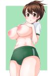  1girl blush breasts brown_eyes brown_hair buruma eyebrows eyebrows_visible_through_hair girls_und_panzer green_background green_buruma gym_shirt gym_uniform highres igarashi_(igarashi_346) inverted_nipples koyama_yuzu large_breasts looking_at_viewer navel no_bra open_mouth puffy_nipples shiny shiny_hair shiny_skin shirt shirt_lift simple_background solo two-tone_background white_background 