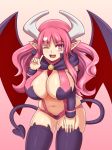  1girl ;d black_legwear breasts capelet commentary cowboy_shot demon_girl demon_tail demon_wings detached_sleeves disgaea english_commentary eyebrows_visible_through_hair eyes_visible_through_hair fang gradient gradient_background heart heart-shaped_pupils highres horns huge_breasts index_finger_raised leaning_forward long_hair looking_at_viewer nav navel one_eye_closed open_mouth pink_background pink_eyes pink_hair pointy_ears simple_background skindentation smile solo succubus succubus_(disgaea) symbol-shaped_pupils tail thighhighs wavy_hair wings 