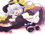  ass bad_id bad_pixiv_id blue_eyes feet hat komeiji_koishi lying panties shoes short_hair silver_hair single_shoe skirt solo thighhighs tm touhou underwear white_panties 