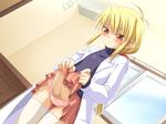  blonde_hair blush censored erection from_below futanari kannazuki_genshi kinosaki_yuu l-laboratory penis red_eyes skirt skirt_lift sweatdrop thighhighs trouble_trap_lab turtleneck 