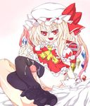  black_legwear blonde_hair bottomless bow censored cum fang flandre_scarlet hat penis red_eyes ribbon sitting solo_focus thighhighs touhou wings wrist_cuffs 