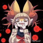  1girl animal_ear_fluff animal_ears artist_name bangs black_background blonde_hair blood blue_sailor_collar blunt_bangs blush boku_no_hero_academia braixen clothed_pokemon cosplay creatures_(company) double_bun eyebrows_visible_through_hair fangs female flat_chest fox_ears furry game_freak gen_6_pokemon hands_on_own_face hands_up highres jpeg_artifacts looking_at_viewer mezmaroon neckerchief nintendo no_humans open_mouth orange_eyes pokemon pokemon_(creature) red_neckwear sailor_collar school_uniform serafuku short_hair signature simple_background smile solo sweater teeth toga_himiko toga_himiko_(cosplay) upper_body yellow_sweater 