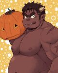  1boy :q bara belly brown_hair completely_nude cow_boy cow_horns dark-skinned_male dark_skin facial_hair from_side goatee horns jack-o&#039;-lantern large_pectorals long_sideburns looking_at_viewer male_focus mature_male muscular muscular_male navel nipples nude pectorals scar scar_on_arm seductive_smile short_hair sideburns smile solo tetsuox_(housamo) thick_eyebrows tokyo_afterschool_summoners tongue tongue_out very_dark_skin yakiniku0141 