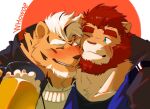  2boys animal_ears arm_around_shoulder bara beard beer_mug blush casual cheek-to-cheek couple cup drunk facial_hair furry furry_male goatee green_eyes heads_together highres lion_boy lion_ears male_focus mature_male mug multiple_boys original red_hair scar scar_on_cheek scar_on_face short_hair smile thick_eyebrows tiger_boy tiger_ears tiger_stripes upper_body whowoe yaoi 