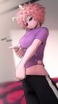  :| ashido_mina bed bedroom black_pants black_sclera blurry blurry_background boku_no_hero_academia breasts cellphone closed_mouth clothes_pull colored_sclera commentary english_commentary greatm8 half-closed_eyes head_tilt highres holding holding_phone horns indoors looking_down medium_breasts pants pants_pull phone pink_hair pulled_by_self purple_shirt shirt short_hair smartphone sound_effects source_filmmaker_(medium) taking_picture upper_body yellow_eyes 