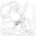  2021 anthro balls belly blush bodily_fluids censored chobikuma duo erection genitals hi_res human human_on_anthro interspecies kemono male male/male mammal masturbation moobs nipples outside overweight overweight_male penis suid suina sus_(pig) sweat tongue tongue_out wild_boar 