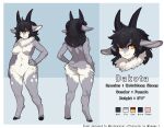  1girl absurdres animal_ears artist_name ass ass_visible_through_thighs back black_hair border breasts character_name color_guide commission full_body fur fur_collar furry furry_female grey_fur hair_between_eyes hand_on_hip height highres hooves horns looking_at_viewer medium_breasts medium_hair multiple_horns multiple_views navel nude original pgm300 sheep_ears sheep_girl sheep_horns sheep_tail smile standing tail twitter_username two-tone_fur watermark white_border white_fur yellow_eyes 