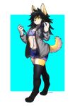  1girl absurdres animal_feet artist_name black_hair blue_background blue_eyes border breasts chest_sarashi commission denim denim_shorts full_body furry furry_female hair_between_eyes headphones headphones_around_neck highres holding holding_phone hood hood_down hoodie long_sleeves midriff navel original pgm300 phone sarashi shorts simple_background small_breasts solo standing thighhighs two-tone_background watermark white_border 