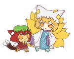  2girls animal_ear_fluff animal_ears artist_name bangs blonde_hair bloomers blue_footwear blue_tabard bow bowtie brown_hair brown_tail cat_ears cat_girl cat_tail chen chibi closed_mouth collar dress earrings eyebrows_behind_hair eyebrows_visible_through_hair fox_girl fox_tail frilled_collar frilled_dress frilled_shirt_collar frilled_skirt frilled_sleeves frills full_body fumo_(doll) green_headwear hat holding_hands jewelry kitsune long_dress long_sleeves looking_at_another mob_cap multiple_girls multiple_tails necktie nekomata ofuda ofuda_on_clothes pillow_hat pointy_hat purple_collar red_dress ribbon roller_skates short_hair simple_background single_earring skates skirt skullchimes sleeves smile standing tabard tail touhou twitter_username two_tails underwear white_background white_collar white_dress white_headwear white_sleeves wide_sleeves yakumo_ran yellow_bow yellow_bowtie yellow_eyes yellow_footwear yellow_tail 
