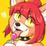  &lt;3 2021 anthro candy canid canine canis dessert domasarts domestic_dog food hair heiko_(domasarts) lollipop mammal open_mouth open_smile red_hair simple_background smile solo tongue tongue_out yellow_background yellow_eyes 