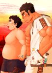  2boys arm_hair bara bare_pectorals belly blush bulge chest_hair couple cross-laced_clothes cross-laced_cutout cross-laced_legwear cross-laced_slit cross_scar facial_hair fat fat_man from_side grey_male_swimwear highres holding_hands hood hood_down houzouin_oniwaka interlocked_fingers jacket large_pectorals long_sideburns looking_down male_focus male_swimwear master_5_(housamo) mature_male multiple_boys muscular muscular_male nipples open_clothes open_jacket paw_print pectorals scar scar_on_face scar_on_forehead short_hair sideburns stubble swim_briefs thick_eyebrows tokyo_afterschool_summoners topless_male walking yakiniku0141 yaoi 