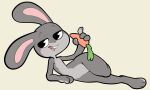  2020 ambiguous_gender anthro buckteeth carrot casual_nudity disney food full-length_portrait grey_body half-closed_eyes hi_res holding_carrot holding_food holding_object holding_vegetable itsunknownanon judy_hopps lagomorph leporid lying mammal narrowed_eyes nude on_side plant portrait rabbit solo teeth vegetable zootopia 