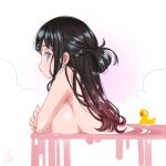  1girl bathtub black_hair blue_eyes breasts long_hair original partially_submerged rubber_duck steam tajima_yuuki water wet wet_hair 