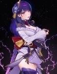  1girl breasts cleavage electricity genshin_impact lavelis mole mole_under_eye purple_eyes purple_hair raiden_shogun solo 