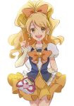  1girl :d blonde_hair commentary_request cure_honey earrings eyelashes fpminnie1 hair_ornament hair_ribbon happinesscharge_precure! happy highres jewelry long_hair looking_at_viewer magical_girl oomori_yuuko open_mouth ponytail precure puffy_short_sleeves puffy_sleeves ribbon short_sleeves simple_background sketch skirt smile solo standing vest white_background yellow_eyes yellow_skirt 