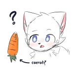  ? anthro blue_eyes blush blush_lines canid canine canis carrot changed_(video_game) confusion english_text food fur hi_res lin_(changed) male mammal mayonnaise open_mouth pink_inner_ear plant simple_background solo teeth text tringa vegetable white_background white_body white_fur wolf 