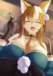  1girl ^_^ ^o^ animal_ears black_gloves breasts brush closed_eyes dog_ears fang genshin_impact gloves hair_ornament highres hina_(genshin_impact) large_breasts light_brown_hair long_hair long_sleeves looking_at_viewer makino open_mouth paw_print upper_body 