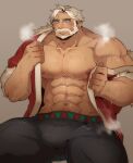  1boy abs arm_hair bara bare_pectorals beard black_pants blue_eyes blush breath bulge chest_hair cookie_run dark-skinned_male dark_skin eggnog_cookie facial_hair highres large_pectorals male_focus mature_male mikky muscular muscular_male mustache navel navel_hair nipples official_alternate_costume pants pectorals santa_costume short_hair single_bare_shoulder sitting solo stomach thick_eyebrows thick_thighs thighs white_hair 