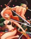  1boy 1girl alternate_universe artist_request bandana bikini bikini_top breasts brown_eyes cherry_blossoms dark_background eyelashes green_hair high_heels highres holding holding_sword holding_weapon katana large_breasts long_hair looking_at_another nami_(one_piece) one_piece orange_eyes orange_hair roronoa_zoro short_hair simple_background source_request swimsuit sword sword_hilt trait_connection weapon 