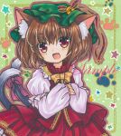  1girl :d animal_ear_fluff animal_ears blush bow bowtie brown_hair cat_ears cat_tail chen cowboy_shot earrings eyebrows_visible_through_hair fang frilled_skirt frills green_background green_headwear hair_between_eyes hat hat_bell hat_ribbon head_tilt jewelry juliet_sleeves long_sleeves looking_at_viewer marker_(medium) mob_cap multiple_tails open_mouth paw_print paw_print_background puffy_sleeves red_eyes red_ribbon red_skirt ribbon rui_(sugar3) sample shirt short_hair single_earring skin_fang skirt smile solo star_(symbol) tail tail_ornament tail_ribbon touhou traditional_media two_tails white_shirt yellow_bow yellow_bowtie 