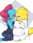  absurd_res alphys animal_humanoid anthro biped breasts chubby_anthro chubby_female clothing coat duo ear_fins eye_contact eyewear female fin fish fish_humanoid gills glasses hi_res humanoid lab_coat looking_at_another marine marine_humanoid nuba_ball scalie shirt slightly_chubby tank_top topwear undertale_(series) undyne yellow_tail 