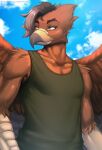  2021 anthro avian beak bird brown_body brown_feathers brown_fur clothed clothing cloud feathered_wings feathers fur green_clothing hair half-length_portrait hi_res male o.z.y. outside portrait shirt sky solo topwear wings yellow_eyes 