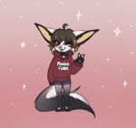  ahoge big_ears big_tail bottomwear brown_hair canid canine choker clothing domestic_cat felid feline felis female fox freckles hair hybrid jewelry mammal necklace pawpads red_eyes shorts smile solo sparkles spots sweatshirt tongue tongue_out wearing_clothes 