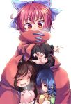  3girls :d ^_^ animal_ears blue_bow blue_hair bow cloak closed_eyes drill_locks eyebrows_visible_through_hair fang grass_root_youkai_network hair_bow head_fins highres imaizumi_kagerou isu_(is88) long_sleeves looking_down multiple_girls open_mouth red_eyes red_hair ribbon-trimmed_bow sekibanki short_hair simple_background sitting smile standing sweatdrop touhou wakasagihime white_background wolf_ears 