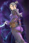  1girl absurdres apex_legends ass belt black_hair blue_eyes blush bodysuit breasts brown_belt brown_scarf covered_nipples from_side hair_bun highres holding holding_knife knife kunai looking_at_viewer macho_(massan001) medium_breasts portal_(object) purple_bodysuit scarf solo weapon wraith&#039;s_kunai wraith_(apex_legends) 