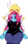  absurd_res alphys animal_humanoid anthro biped blue_body blue_skin blush breasts clothing coat duo ear_fins eyewear female fin fish fish_humanoid glasses hi_res humanoid japanese_text lab_coat marine marine_humanoid nuba_ball scalie shirt simple_background slightly_chubby smile tank_top text topwear undertale_(series) undyne white_background yellow_body yellow_skin 