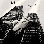  1:1 2018 ambiguous_gender avian bird building canid canine city detailed_background feral fox group hi_res kippycube low-angle_view mammal monochrome sky solo_focus whiskers 
