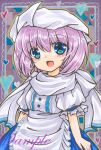  1girl :d apron blue_eyes blue_skirt blush cowboy_shot eyebrows_visible_through_hair frilled_apron frills heart letty_whiterock looking_at_viewer marker_(medium) open_mouth pink_hair puffy_short_sleeves puffy_sleeves rui_(sugar3) sample scarf shirt short_hair short_sleeves skirt smile solo touhou traditional_media waist_apron white_apron white_headwear white_scarf white_shirt 