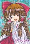  1girl ;d ascot blue_background blush bow brown_hair eyebrows_visible_through_hair floral_background frilled_hair_tubes frilled_shirt_collar frills hair_bow hair_tubes hakurei_reimu long_hair looking_at_viewer marker_(medium) one_eye_closed open_mouth red_bow red_eyes red_shirt ribbon-trimmed_sleeves ribbon_trim rui_(sugar3) sample shirt sleeves_past_wrists smile solo teeth touhou traditional_media upper_teeth wide_sleeves yellow_ascot 