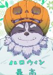  1boy bara character_request clothes_writing facing_viewer fangs furry furry_male grey_fur highres jack-o&#039;-lantern male_focus pumpkin_hat shirt smile solo tokyo_afterschool_summoners translation_request upper_body white_shirt yakiniku0141 