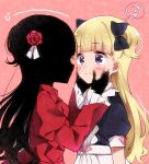  2girls ? apron bangs black_skin blonde_hair blunt_bangs blush closed_mouth colored_skin commentary_request dress emilico_(shadows_house) eyebrows_visible_through_hair flower from_side hair_flower hair_ornament hands_on_another&#039;s_face kate_(shadows_house) long_hair long_sleeves maid_apron multiple_girls pink_background puffy_short_sleeves puffy_sleeves purple_eyes red_dress rose shadow_(shadows_house) shadows_house short_sleeves simple_background sk02 smile soot speech_bubble staring two_side_up upper_body yuri 