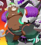  2021 anthro aosano_tenpura belly black_nose bottomwear bound clothing feral goro_(live-a-hero) group hi_res humanoid_hands kaibutsu_(live-a-hero) kemono lifewonders live-a-hero male mammal moobs navel nipples overweight overweight_male pants ursid video_games 