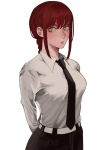  1girl @_@ arms_behind_back bangs belt black_necktie black_neckwear braid braided_ponytail breasts business_suit chainsaw_man formal highres ige_d long_hair looking_at_viewer makima_(chainsaw_man) medium_breasts necktie ringed_eyes shirt_tucked_in solo suit white_belt yellow_eyes 