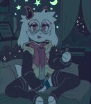  2021 anthro bed bedding bedroom bong bovid caprine clothed clothing darkner deceased_bunny_(artist) deltarune drugs eyelashes eyewear fur furniture glasses goat holding_object hoodie horn inside legwear lighter looking_at_viewer male mammal marijuana night on_bed open_mouth open_smile pillow ralsei ralsei_smoking_blunt scarf sitting sky smile solo star starry_sky thigh_highs topwear tuft undertale_(series) video_games water window 