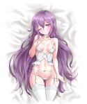  1girl artoise blush breasts character_request choker closed_mouth english_commentary highres lingerie long_hair looking_at_viewer navel one_eye_closed panties purple_eyes purple_hair smile solo underwear 