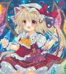  1girl :d ascot blonde_hair blue_background cowboy_shot crystal eyebrows_visible_through_hair fang flandre_scarlet frilled_ascot frilled_shirt_collar frilled_skirt frills green_brooch hat hat_ribbon holding holding_wand laevatein_(touhou) long_hair looking_at_viewer marker_(medium) mob_cap open_mouth puffy_short_sleeves puffy_sleeves rainbow_order red_eyes red_ribbon red_skirt red_vest ribbon rui_(sugar3) sample shirt short_sleeves side_ponytail skirt skirt_set smile solo touhou traditional_media vest wand white_headwear white_shirt wings wrist_cuffs yellow_ascot 