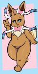  2021 4k absurd_res alternate_species anthro blue_sclera bow_tie brown_body brown_fur brown_hair chest_tuft digital_media_(artwork) eevee eeveelution feet fingers fur gesture girly hair hi_res hybrid looking_at_viewer male mammal navel nintendo pok&eacute;mon pok&eacute;mon_(species) short_hair simple_background smile solo someth1ngoranother standing sylveon thick_thighs toes tongue tuft v_sign veris video_games wide_hips 