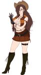  1girl absurdres adjusting_clothes adjusting_gloves alternate_costume bangs belt black_legwear boots breasts brown_eyes brown_hair cleavage closed_mouth cosplay earrings final_fantasy final_fantasy_vii fire_emblem fire_emblem_fates gloves hair_over_one_eye hat high_heels highres jewelry kagero_(fire_emblem) large_breasts light_smile lips long_hair looking_at_viewer midriff miniskirt simple_background skirt sleeveless sleeveless_jacket thigh_strap tifa_lockhart tifa_lockhart_(cosplay) white_background will_(willanator93) 