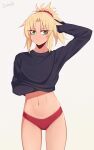  1girl bangs black_sweater closed_mouth cowboy_shot darahan eyebrows_visible_through_hair fate/apocrypha fate_(series) green_eyes hand_in_hair hand_under_clothes long_sleeves looking_at_viewer mordred_(fate) mordred_(fate/apocrypha) navel panties parted_bangs ponytail red_panties short_hair short_ponytail sidelocks simple_background solo stomach sweater underwear v-shaped_eyebrows white_background 