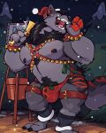  2021 anthro bell bell_harness big_bulge big_pecs biped black_body black_fur black_hair black_mane bulge canid canine canis christmas christmas_clothing christmas_headwear claws clothed clothing fur grey_body grey_fur hair haps harness hat headgear headwear hi_res holidays jingle_bell jingle_bell_harness kiss_mark male mammal mane markings mistletoe musclegut muscular muscular_anthro muscular_male nipples open_mouth open_smile outside pawpads paws pecs plant pubes red_eyes red_markings red_pawpads santa_hat smile snow snowing solo standing teeth thick_thighs toe_claws tongue tree underwear underwear_only wolf 