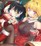  2girls arm_up bangs black_hair black_legwear black_shirt blonde_hair blue_hair boots braid christmas closed_mouth clothing_cutout colored_inner_hair commentary_request cookie cup dress dutch_angle food fur-trimmed_jacket fur_trim hair_intakes highres holding holding_cup jacket knee_up long_sleeves looking_at_viewer lying miniskirt mitake_eil mouth_hold multicolored_hair multiple_girls off_shoulder on_back original pantyhose purple_eyes red_dress red_footwear red_jacket red_skirt ribbed_shirt santa_boots shirt short_hair shoulder_cutout side_braid sidelocks sitting skirt smile spaghetti_strap steam teacup thigh_strap white_hair yellow_eyes 