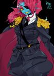  absurd_res animal_humanoid belt black_background blue_body blue_skin cape clothing coat ear_fins eye_patch eyewear female fin fish fish_humanoid hair hi_res humanoid japanese_text marine marine_humanoid nuba_ball pupils red_hair simple_background slit_pupils solo suit text topwear undertale_(series) undyne yellow_sclera yellow_teeth 