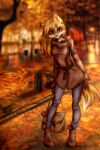  anthro armband blonde_hair boots bottomwear breasts brown_eyes brown_nose canid canine cheek_tuft clothing detailed_background dipstick_tail ear_piercing eyelashes facial_tuft female footwear fox freckles fur gauged_ear gloves hair handwear jinny_(tinygaypirate) leaf leaning long_hair looking_at_viewer mammal markings multicolored_body multicolored_fur orange_body orange_fur outside pants piercing plantigrade shoulder_bag smile solo standing tail_markings tinygaypirate topwear tuft two_tone_body two_tone_fur white_body white_fur 