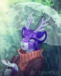  5_fingers ambiguous_gender anthro antlers breasts cervid clothed clothing day detailed_background felid female fingers fur horn hybrid imanika leopard mammal outside pantherine purple_body purple_fur raining scarf solo 