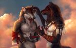  5_fingers anthro black_nose brown_body brown_fur canid canine canis day detailed_background digital_media_(artwork) duo fingers fur grey_body grey_fur male mammal nude outside sky white_body white_fur wolf wolnir 