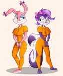  accessory anthro babs_bunny bound duo eye_contact female fifi_la_fume hair_accessory hair_bow hair_ribbon handcuffed hi_res lagomorph leporid looking_at_another mammal mephitid percibey prison_jumpsuit prison_uniform prisoner rabbit ribbons skunk tiny_toon_adventures warner_brothers 
